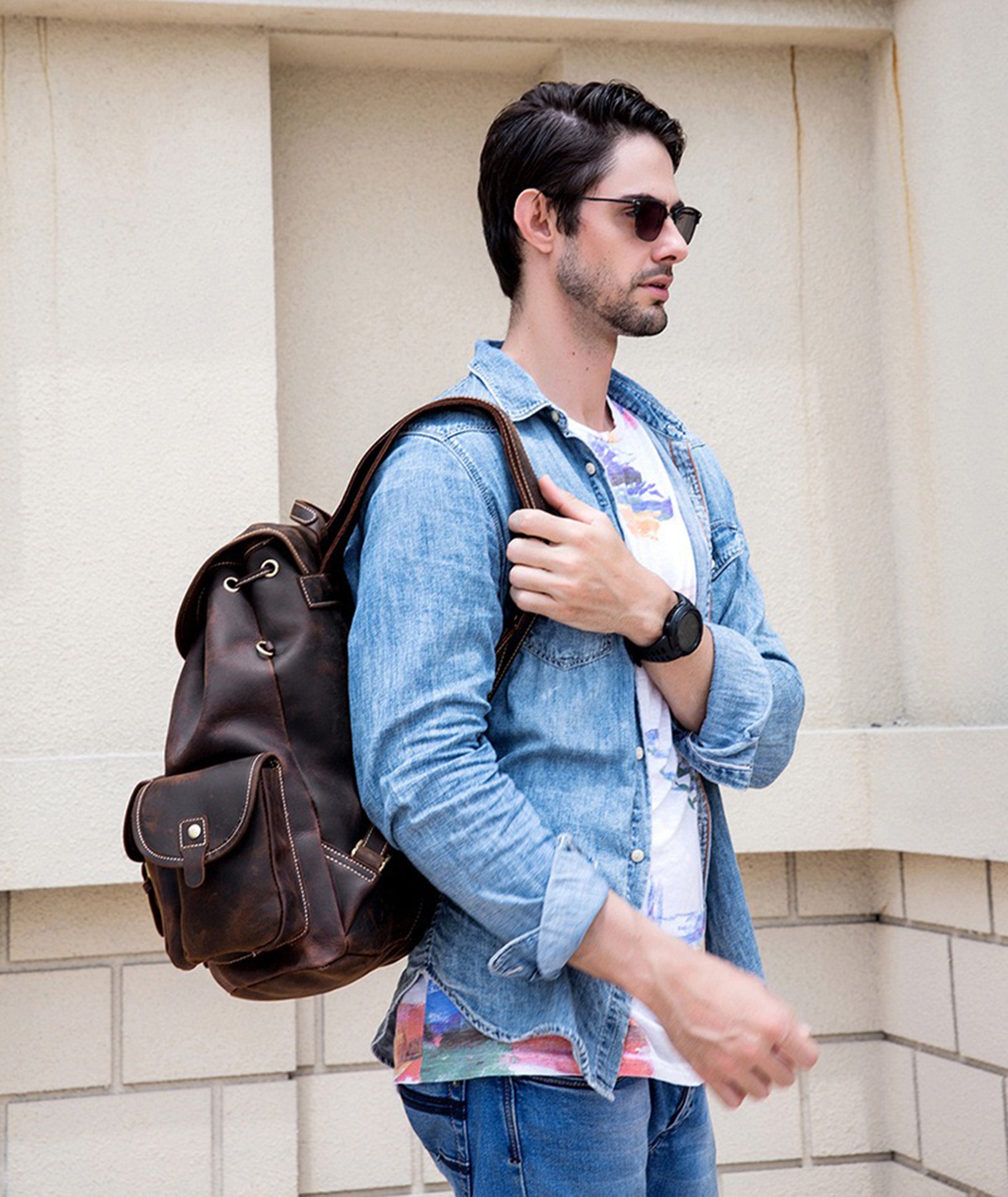 PRETTYMS Men's Genuine Leather Messenger Bag Retro Small Crossbody Shoulder Bag Laptop bag Backpack For Men Flap Over Man Purse