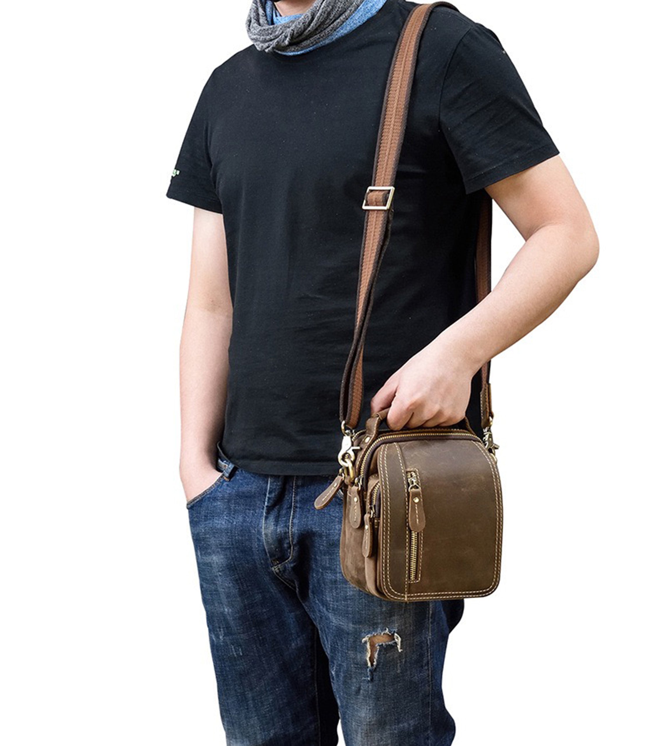 PRETTYMS Men's Genuine Leather Messenger Bag Retro Small Crossbody Shoulder Bag for Men Flap Over Man Purse