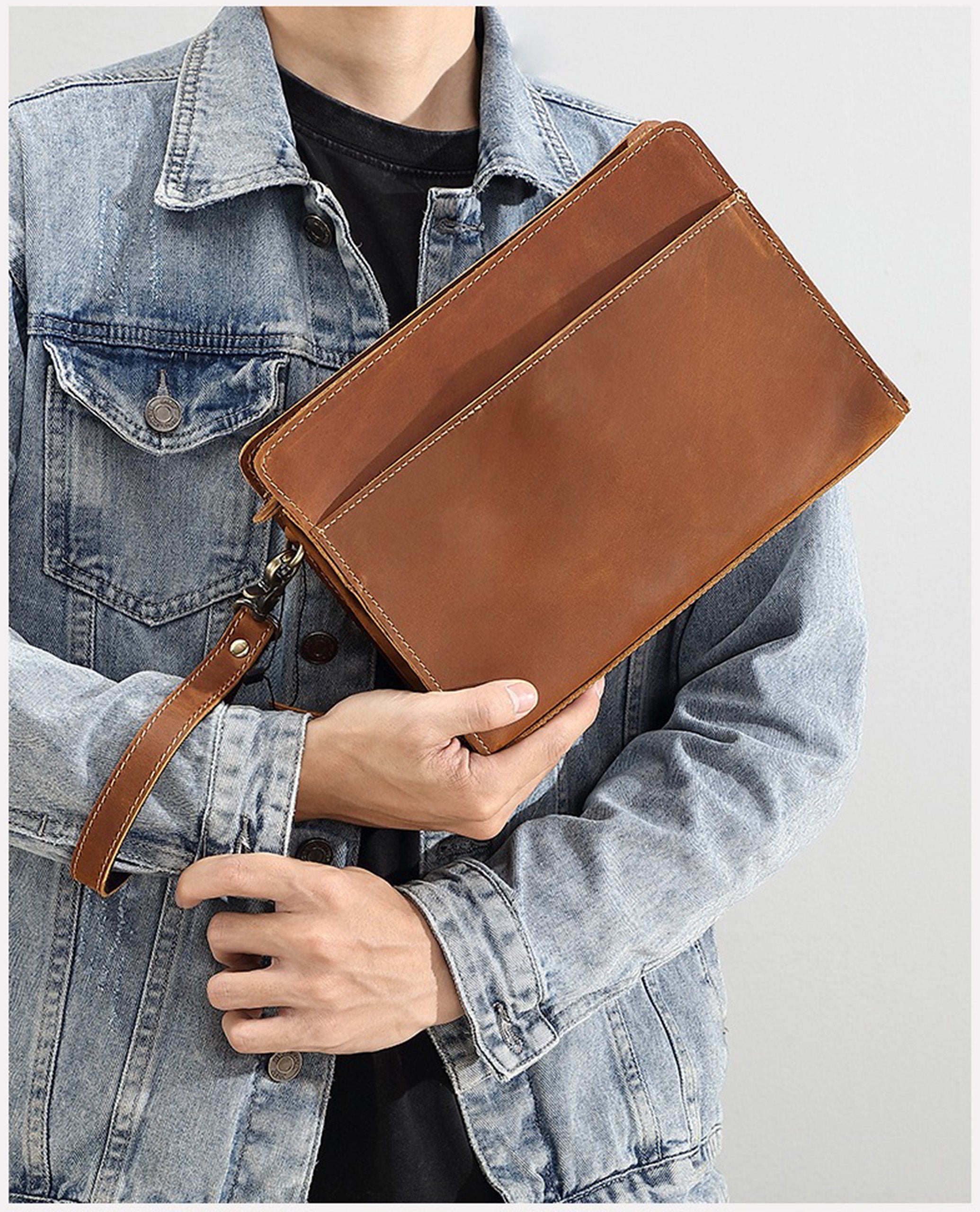 PRETTYMS Genuine Leather Mens Clutch Bag Man Purse Handbag 9 inches Large Hand Bag Big Clutch Wallet