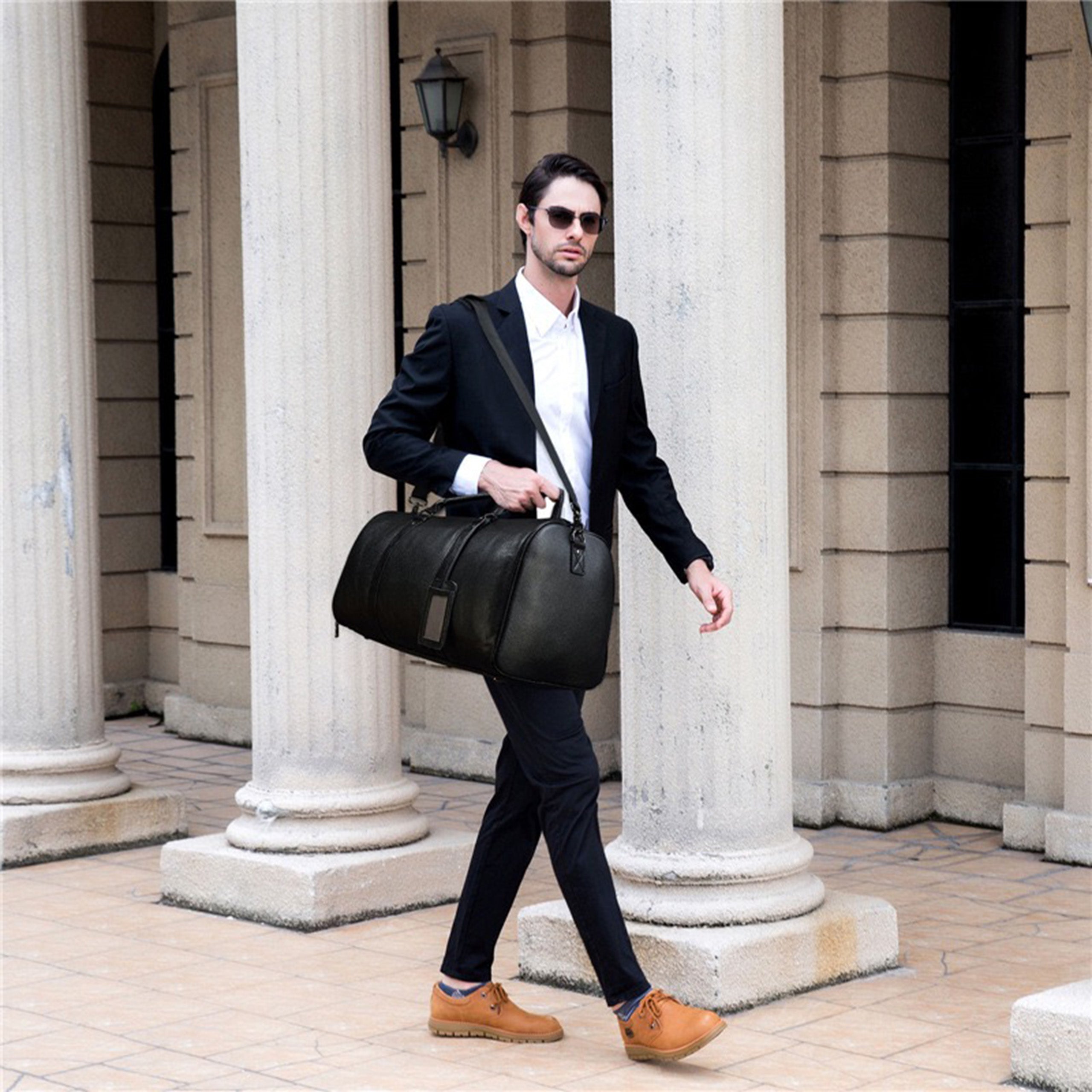 PRETTYMS Men's Genuine Leather Handbag Bag The Bento Bag Classic Carry-On Luggage Duffel Bag Travel Luggage Bag For Men