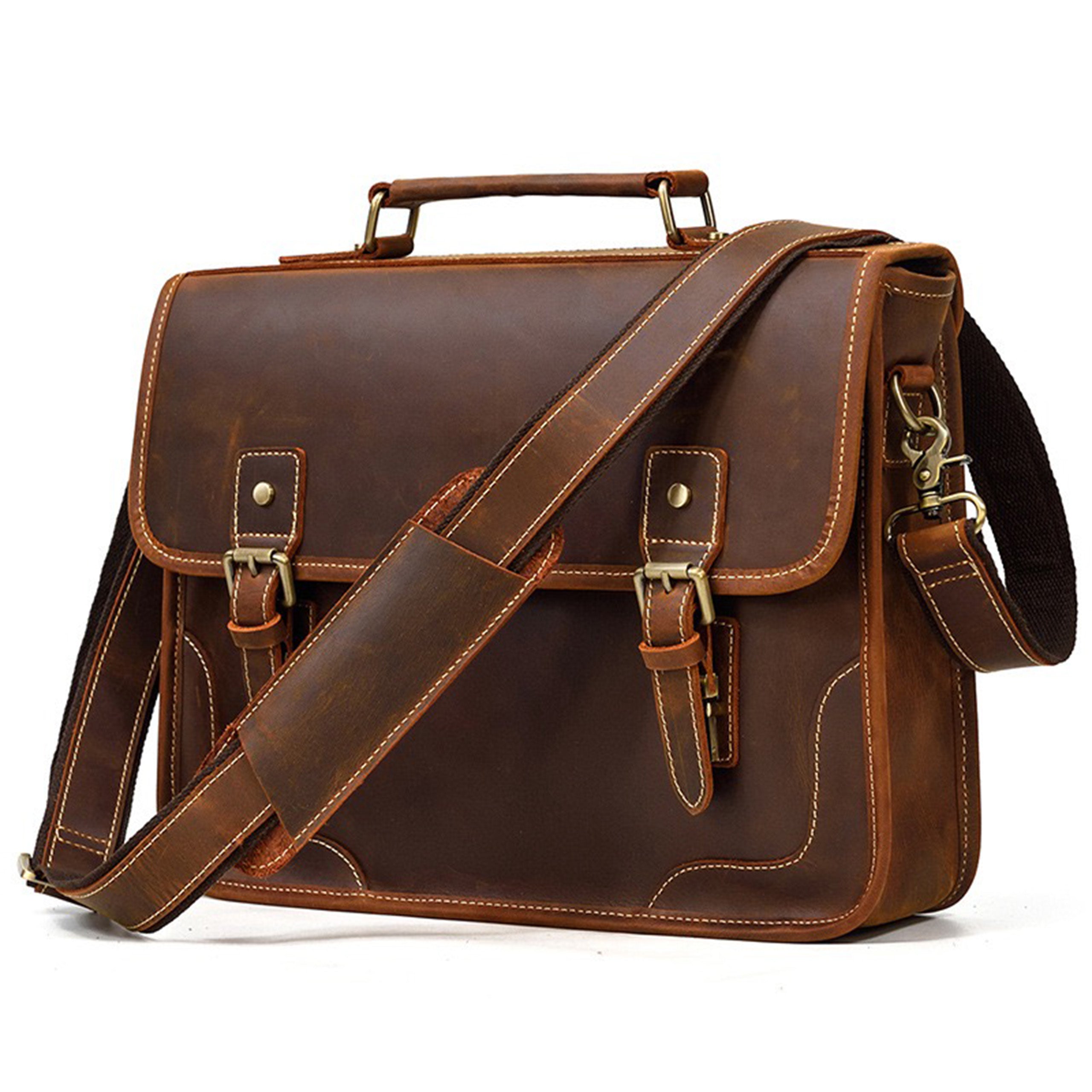 PRETTYMS Men's Genuine Leather Messenger Bag Retro Small Crossbody Shoulder Bag Laptop bag For Men Flap Over Man Purse