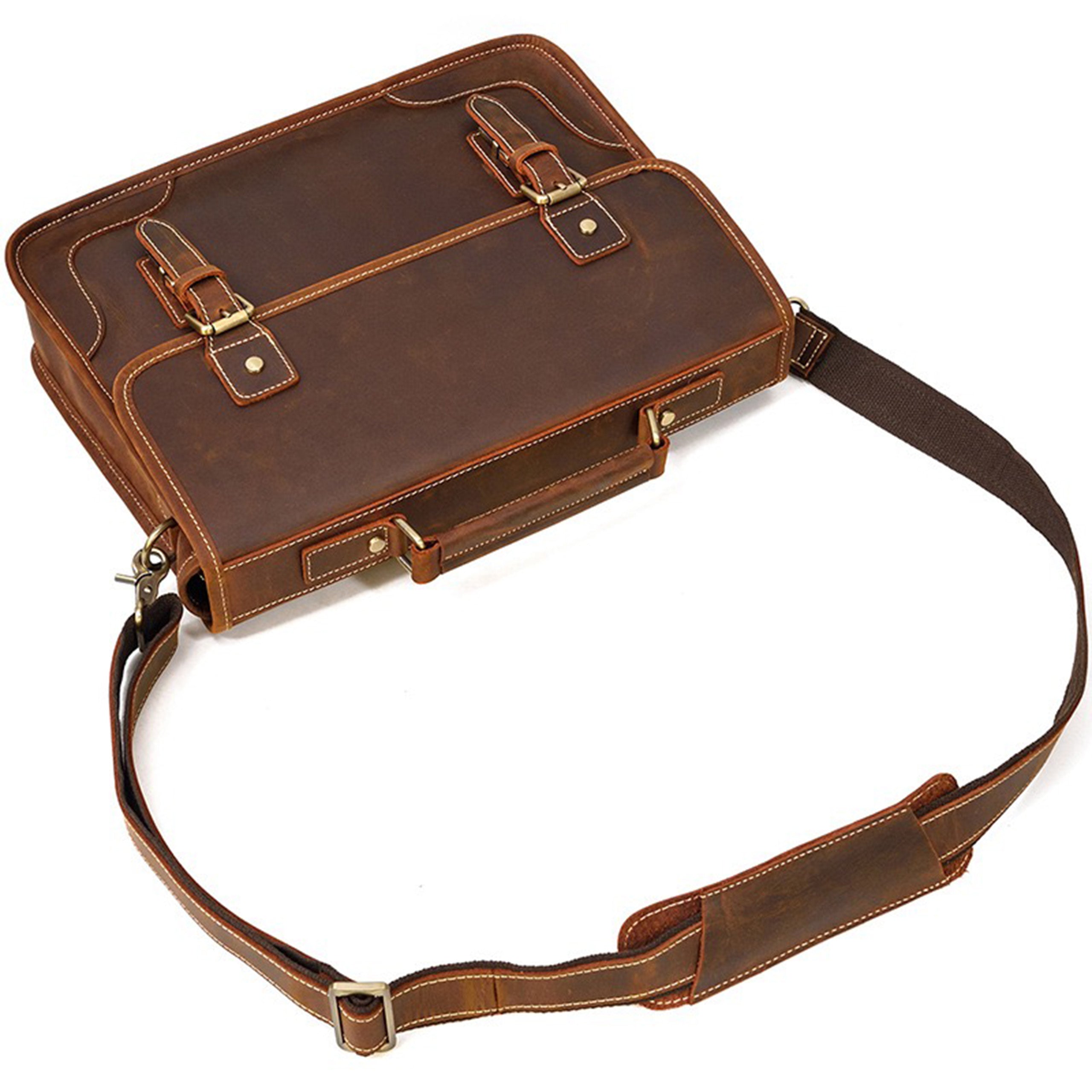 PRETTYMS Men's Genuine Leather Messenger Bag Retro Small Crossbody Shoulder Bag Laptop bag For Men Flap Over Man Purse