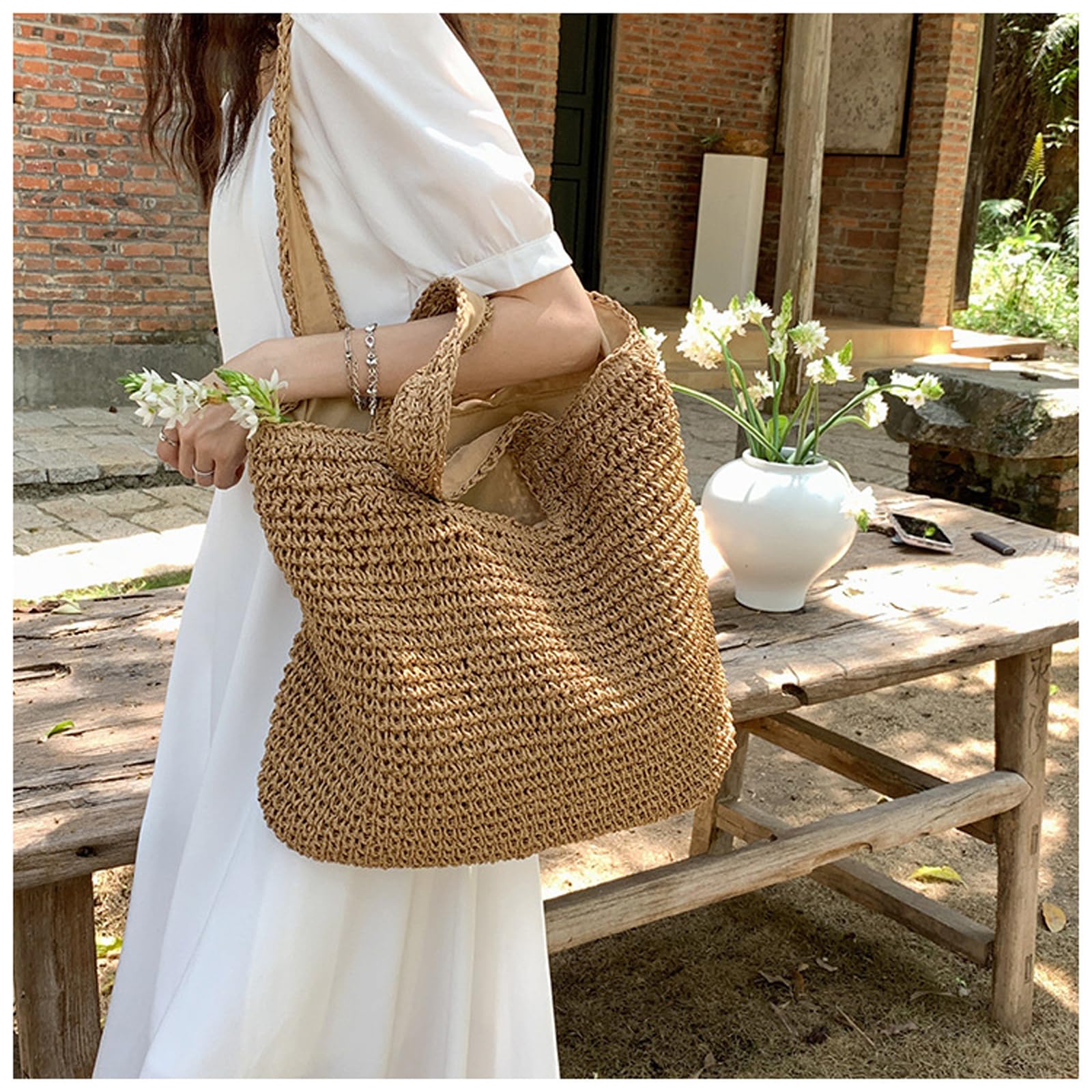 PRETTYMS Straw Beach Tote Bag: Large Summer Boho Woven Bags - Rattan Handmade Shoulder Handbags for Women